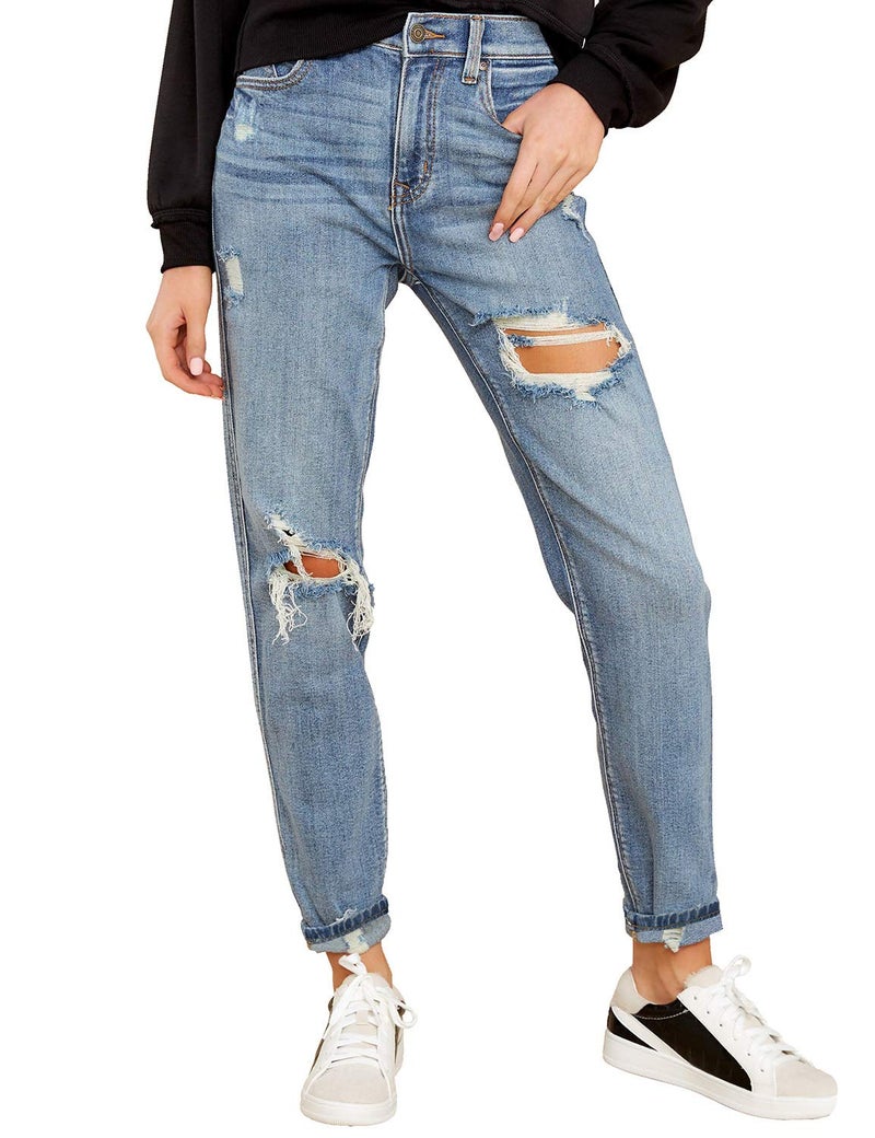 luvamia Women's Casual High Waist Ripped Boyfriend Jeans Washed Distressed Denim Jean Pants Modern Blue Size Medium - Image 3